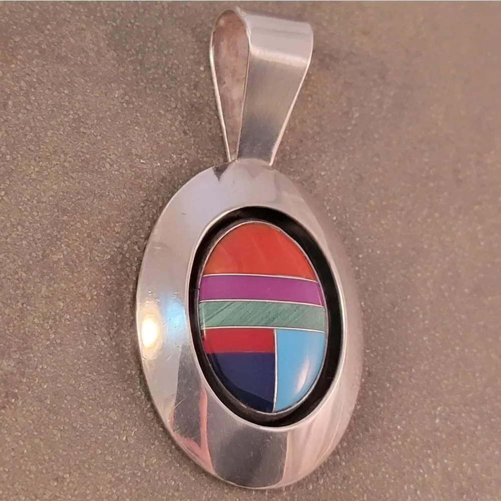 Navajo Willie Saiz Inlaid Multi-Stone Sterling Large Oval Pendant